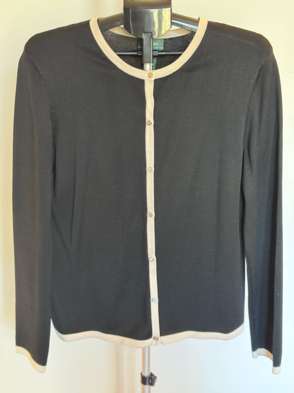 Ralph Lauren Women Black Cardigan with Cream Trim Size XL